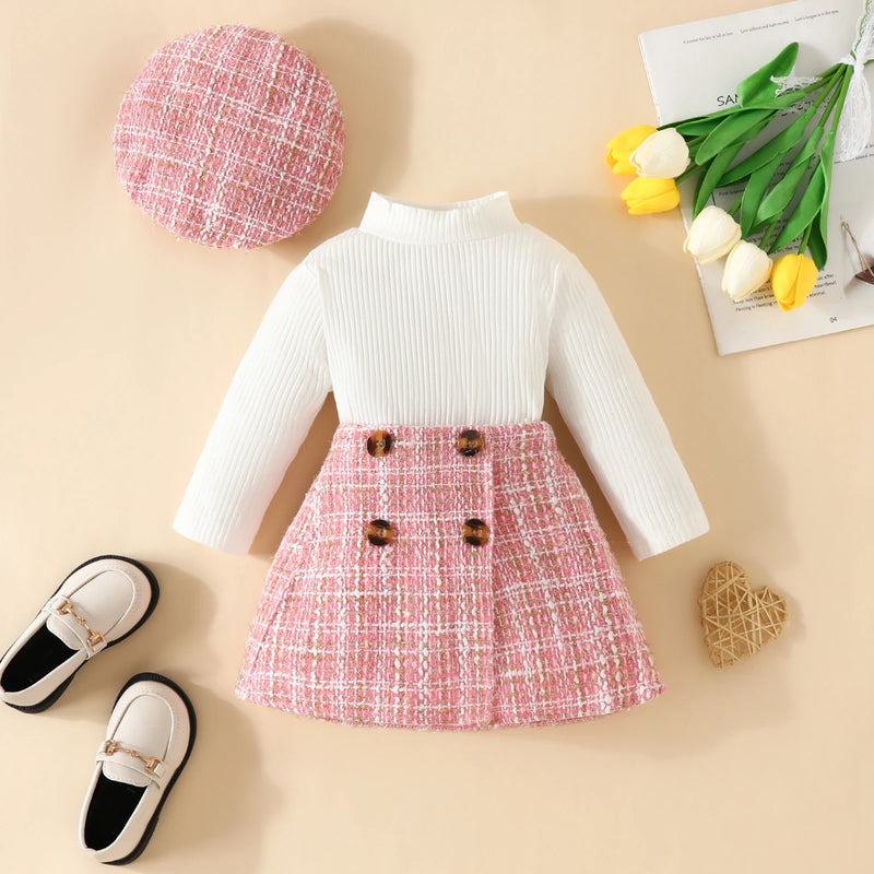6M-3Y Toddler Infant Newborn Baby Girls Clothes Sets Knit Long Sleeve Tops Plaid Skrits Hat Fall Spring Outfits  D05