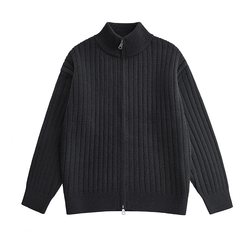 Loose Knit Cardigan for Men with Stand Collar and Solid Color Ribbed Design