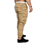 Slim fir cargo joggers for men viewed from the back, showcasing pockets and slim-fit design.