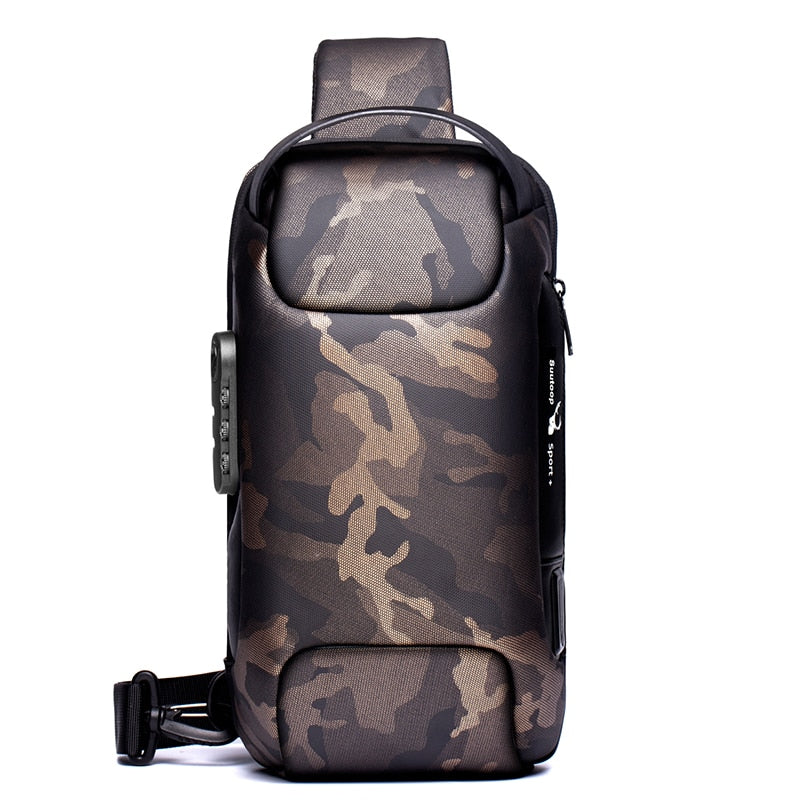 Camouflage anti-theft sling bag for men with rugged outdoor design and USB charging port.