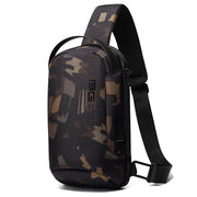 Front view of the BANGE Waterproof Tech Sling Bag in camouflage print, highlighting its bold and rugged style.