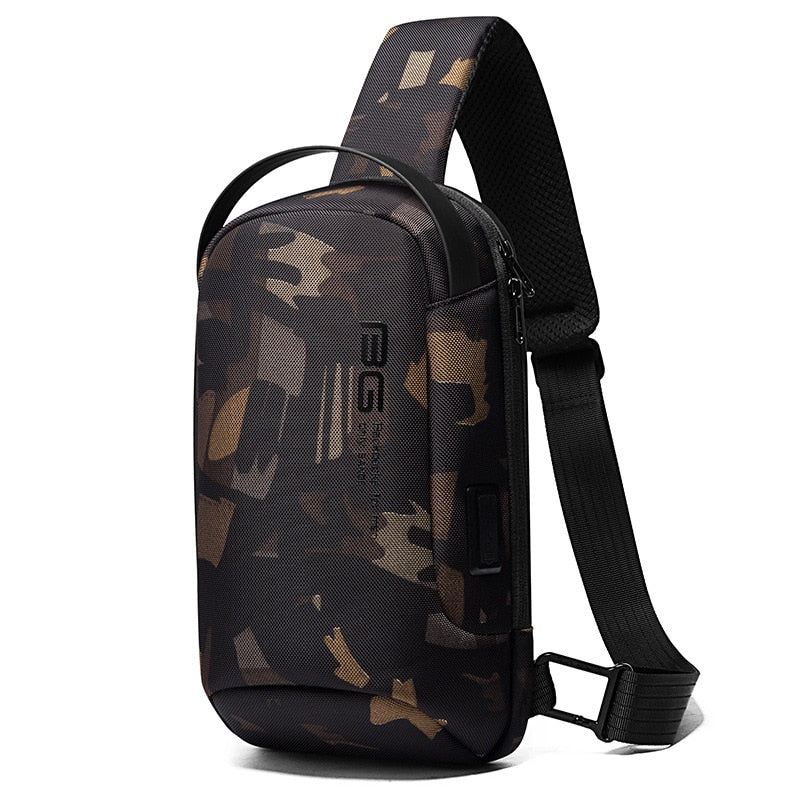 Front view of the BANGE Waterproof Tech Sling Bag in camouflage print, highlighting its bold and rugged style.