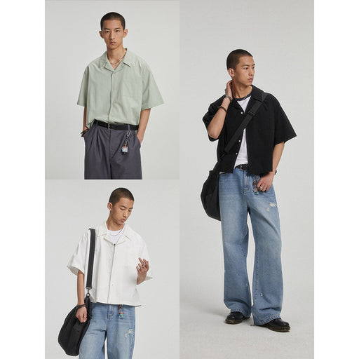 Men styling loose fit Cuban collar short sleeve shirts for casual streetwear outfits