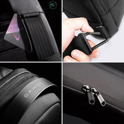 Close-up details of the BANGE Waterproof Tech Sling Bag featuring the strap design, buckle attachment, logo, and dual zipper hardware.