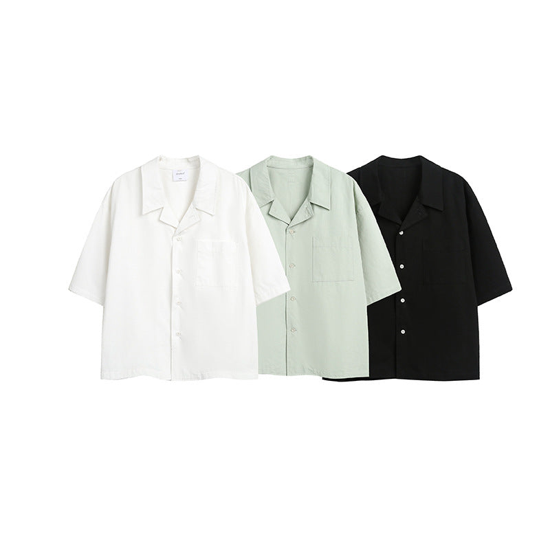 Men’s Cuban collar short sleeve shirts in white, black, and gray-green color options