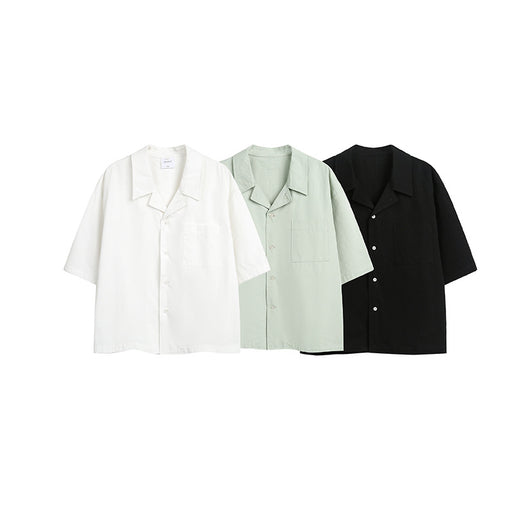 Men’s Cuban collar short sleeve shirts in white, black, and gray-green color options