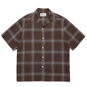 men's plaid short sleeve shirt in brown with a relaxed fit and button-up style.