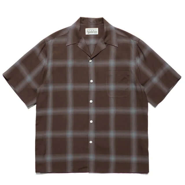 men's plaid short sleeve shirt in brown with a relaxed fit and button-up style.