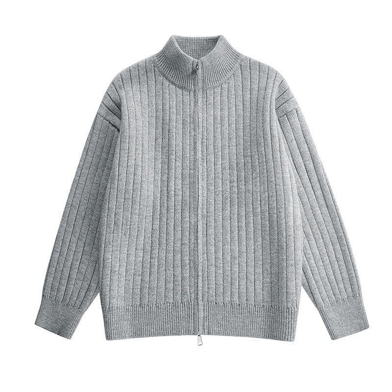 Loose Knit Cardigan for Men with Stand Collar and Solid Color Ribbed Design