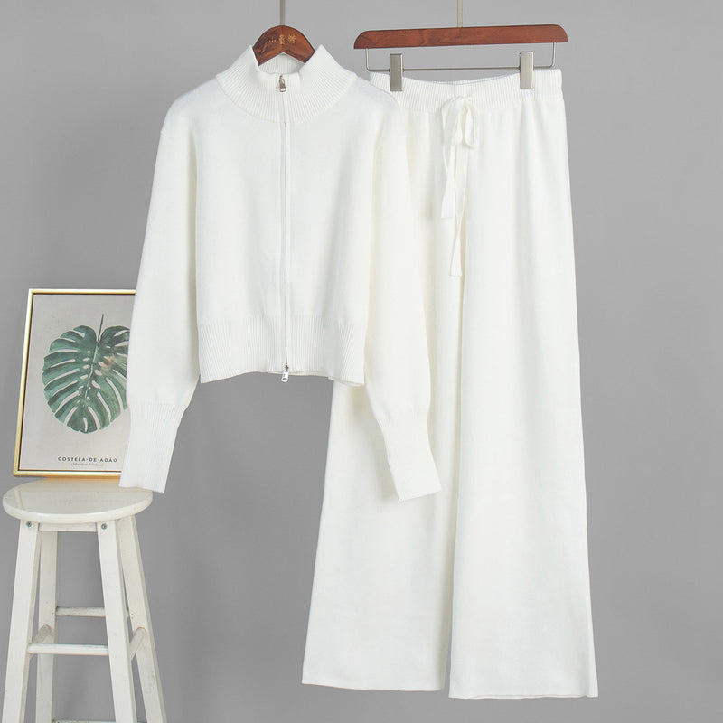 Double zipper knitted slim sweater set