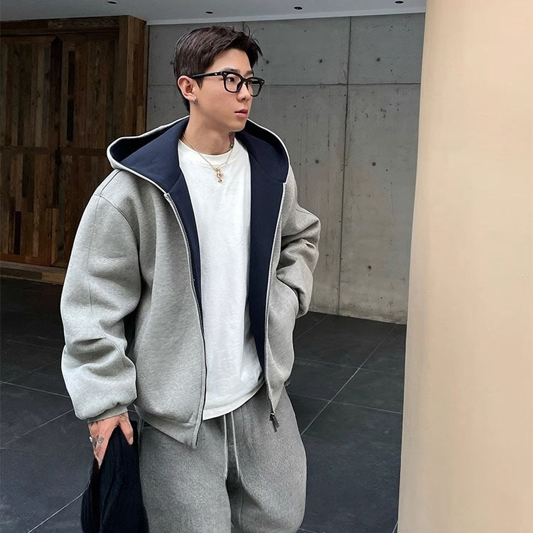 Double zipper hooded sweatshirt jacket for men