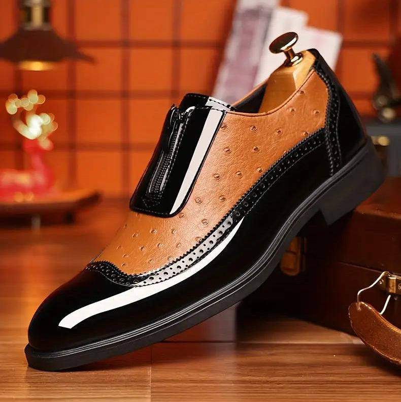 Embossed zipper pointed men's shiny leather Chelsea men's single shoes