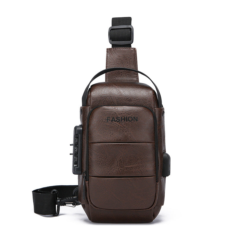 Dark brown leather crossbody sling bag for men featuring USB charging port and multi-pocket design.
