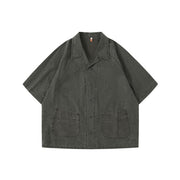 Dark gray loose fit Japanese workwear Cuban collar shirt with front pockets