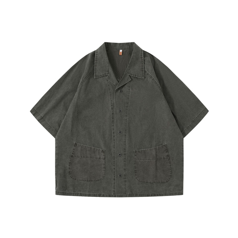 Dark gray loose fit Japanese workwear Cuban collar shirt with front pockets