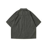 Back view of dark gray oversized short sleeve workwear shirt for men
