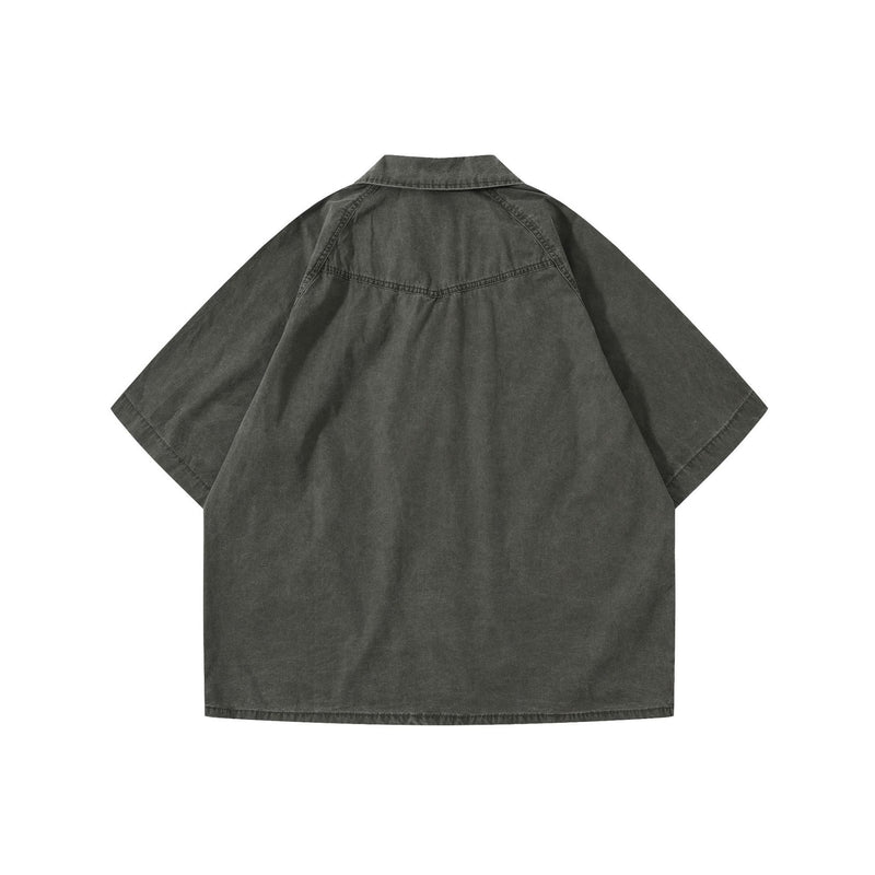 Back view of dark gray oversized short sleeve workwear shirt for men