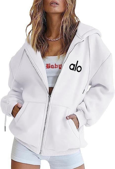 Alo Women's Personality Print Zip-Up Hoodie Loose Casual Long Sleeve Hooded Sweatshirt Sporty Style