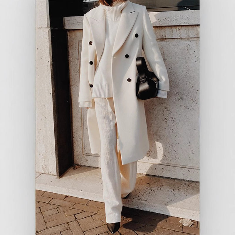 Fall/Winter New Women's Long Sleeve Notched Collar Solid Color Double Breasted Slim Fit Coat