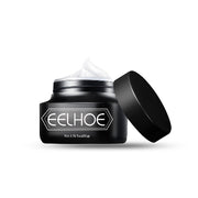 Black jar of EELHOE Men’s Skincare Cream with the lid open and cream visible inside on a plain white background.