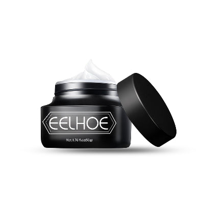 Black jar of EELHOE Men’s Skincare Cream with the lid open and cream visible inside on a plain white background.