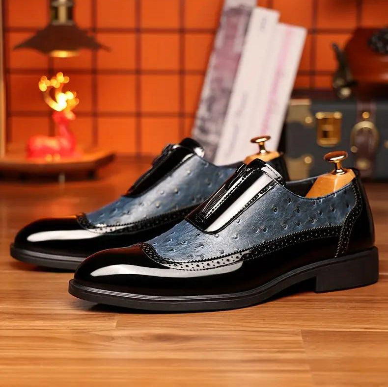 Embossed zipper pointed men's shiny leather Chelsea men's single shoes