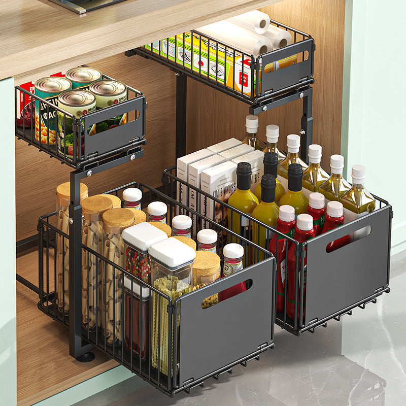 2-tier pull-out cabinet organizer, adjustable kitchen basket, under-sink organizer, spice rack, drawer slide.