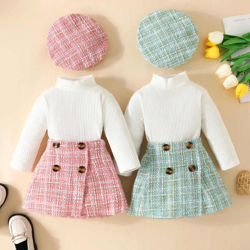6M-3Y Toddler Infant Newborn Baby Girls Clothes Sets Knit Long Sleeve Tops Plaid Skrits Hat Fall Spring Outfits  D05