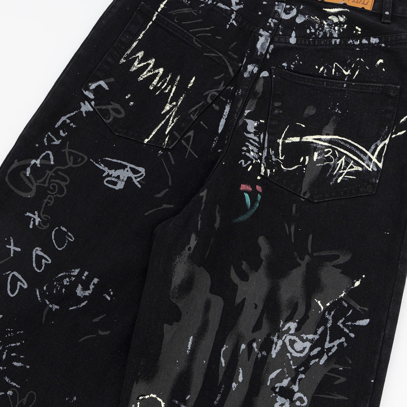 Graffiti washed denim jeans for men and women