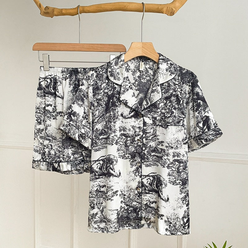 Watercolor Chinese Style Jungle Pajamas for Women, Summer Elegant Short Sleeve Ice Silk Sleepwear Set
