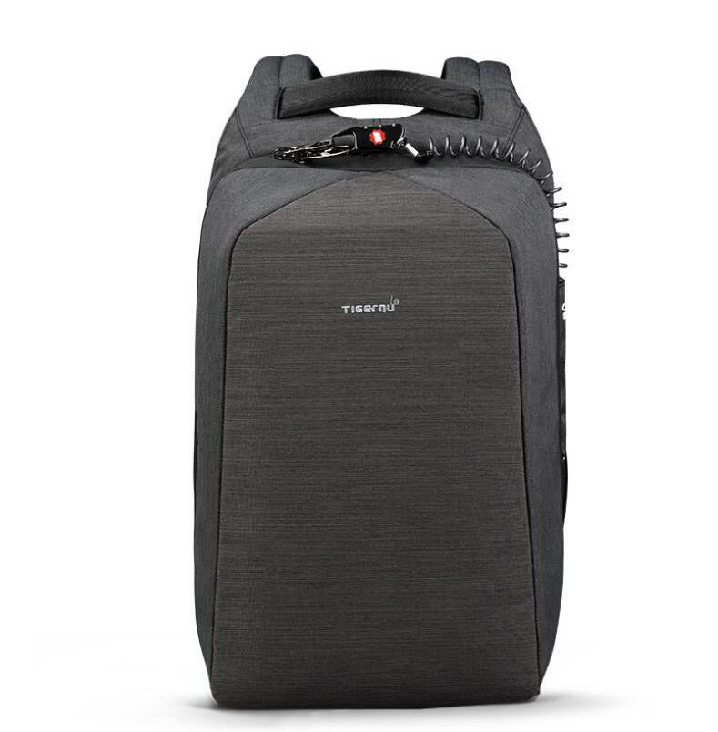 Front view of a black-grey anti-theft laptop backpack with hidden zipper design and minimalist structure, fits 15.6-inch laptops.
