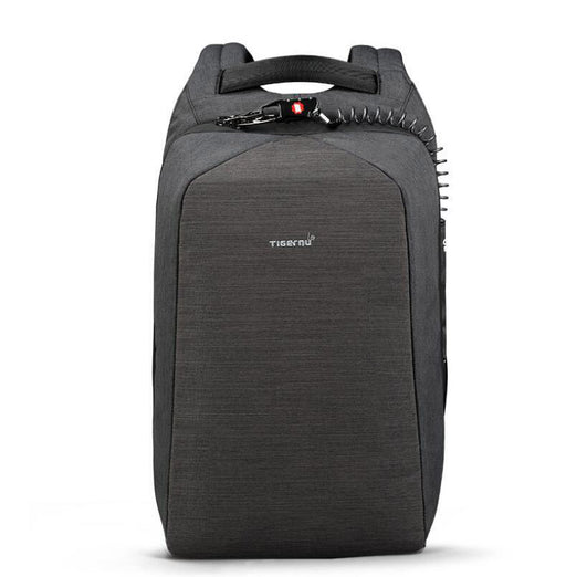 Front view of a black-grey anti-theft laptop backpack with hidden zipper design and minimalist structure, fits 15.6-inch laptops.
