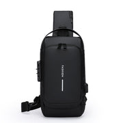 Men’s waterproof anti-theft crossbody bag with USB charging port in black, front view