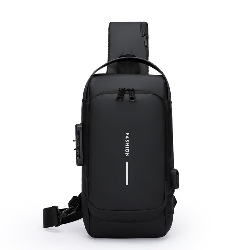 Men’s waterproof anti-theft crossbody bag with USB charging port in black, front view