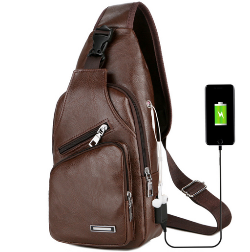 Men’s brown leather sling bag with multiple zip pockets and built-in USB charging port, displayed on a white background.