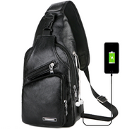 Men’s black leather sling bag with multiple pockets and a built-in USB charging feature.