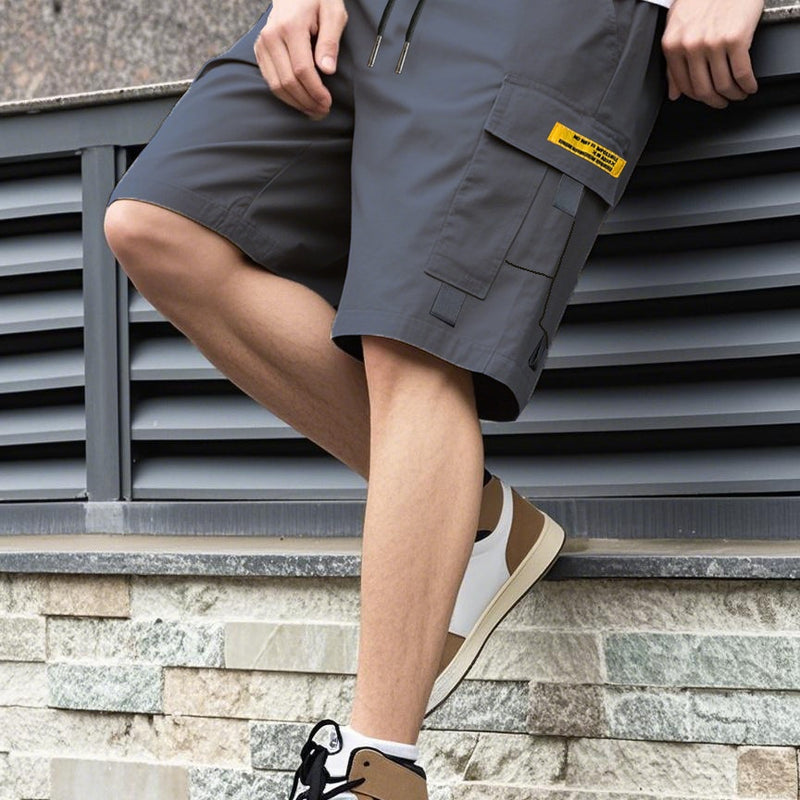 Gray loose fit cargo shorts with drawstring style for men