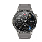 Men’s rugged outdoor smartwatch in gray with multi-dial digital display and activity tracking features.
