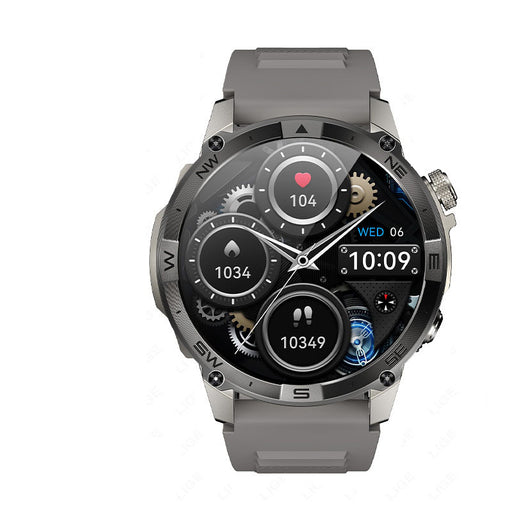 Men’s rugged outdoor smartwatch in gray with multi-dial digital display and activity tracking features.