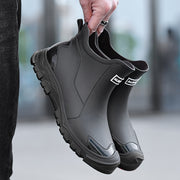 Men’s short-cuff black rain boots with black sole, waterproof slip-on outdoor boots
