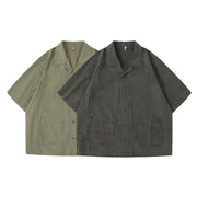 Men’s Japanese workwear Cuban collar shirts in dark gray and army green color options