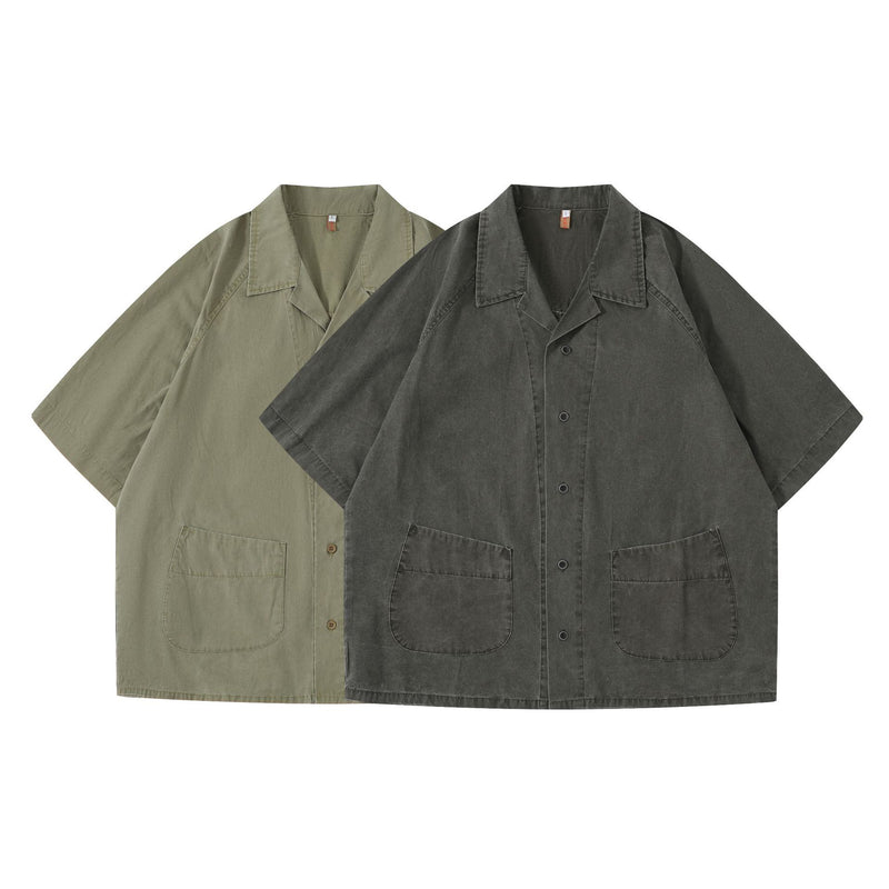 Men’s Japanese workwear Cuban collar shirts in dark gray and army green color options