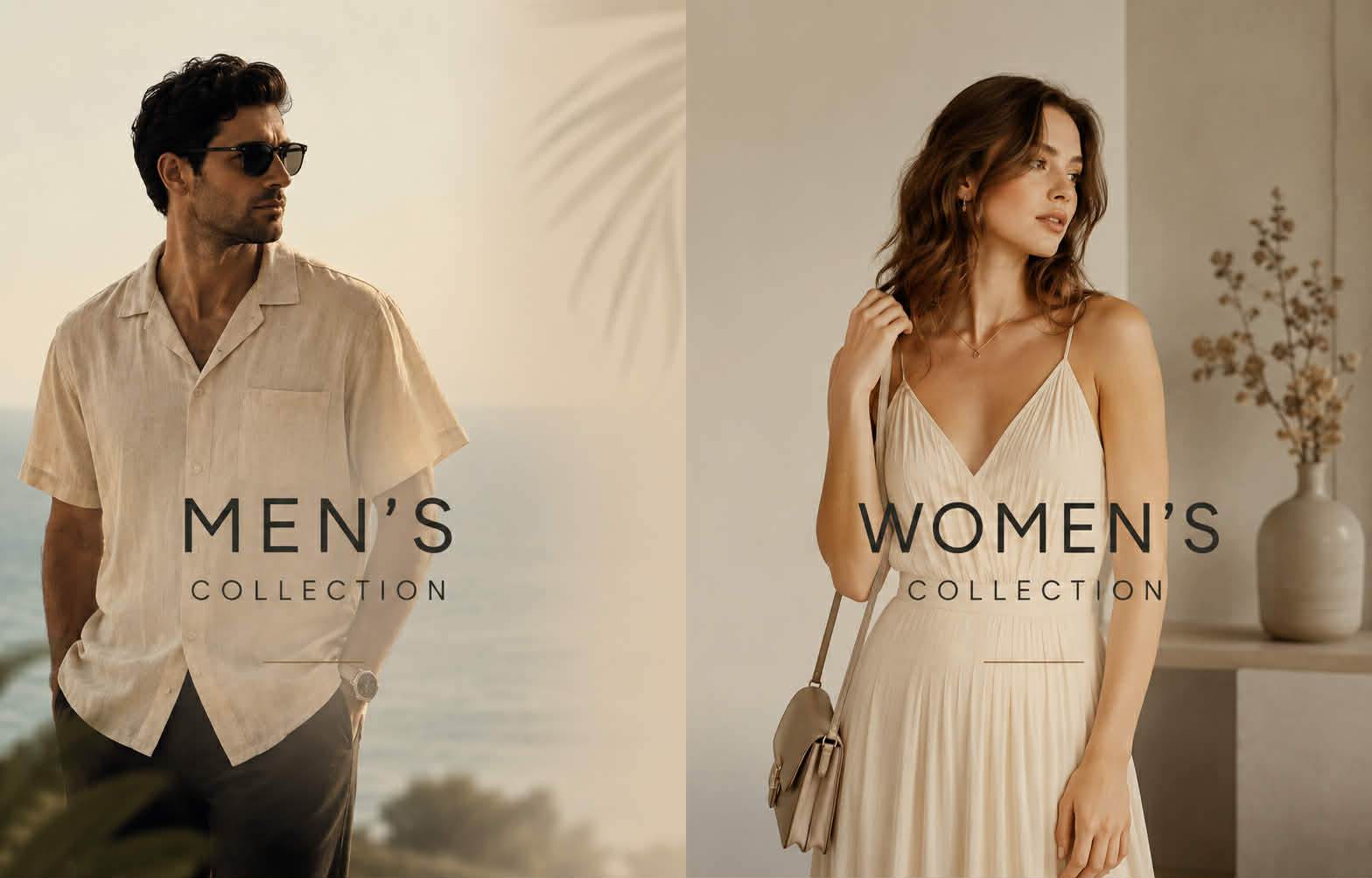 Two people, one labeled 'Men's Collection' and the other 'Women's Collection', with a neutral background.