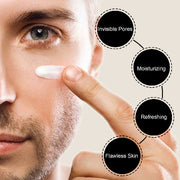 Close-up of a man applying EELHOE Men’s Skincare Cream with graphic labels highlighting benefits such as invisible pores, moisturizing, refreshing, and flawless skin.