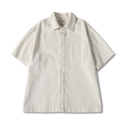 Men’s beige short sleeve button-up shirt with loose fit and breathable summer fabric