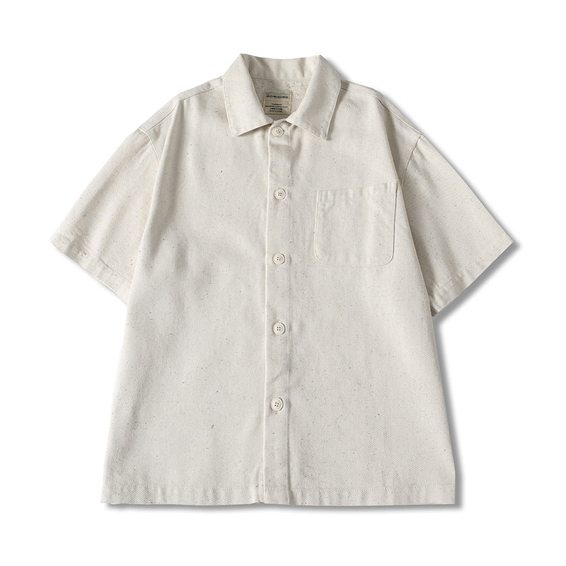 Men’s beige short sleeve button-up shirt with loose fit and breathable summer fabric