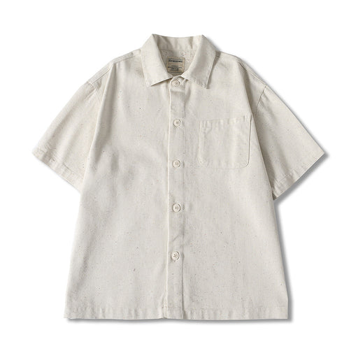Men’s beige short sleeve button-up shirt with loose fit and breathable summer fabric
