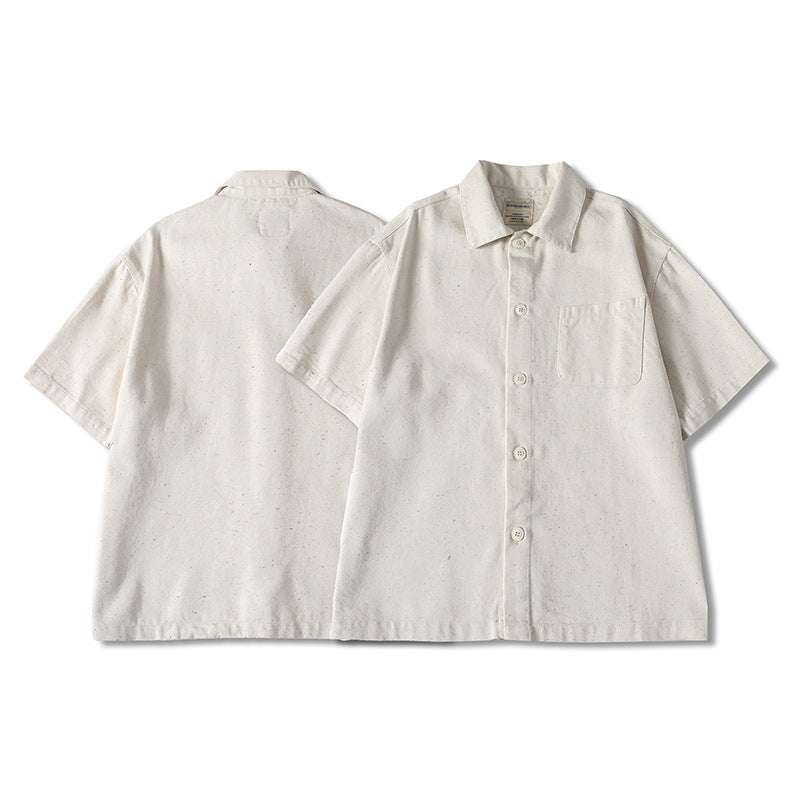 Front and back view of beige men’s short sleeve casual shirt with loose fit silhouette