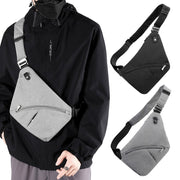 Gray tactical sling bag worn across the chest with black and gray variants displayed on the side.
