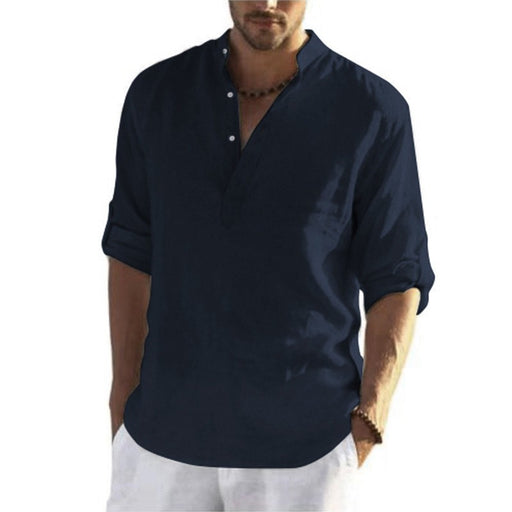 Men’s navy blue half button stand collar shirt